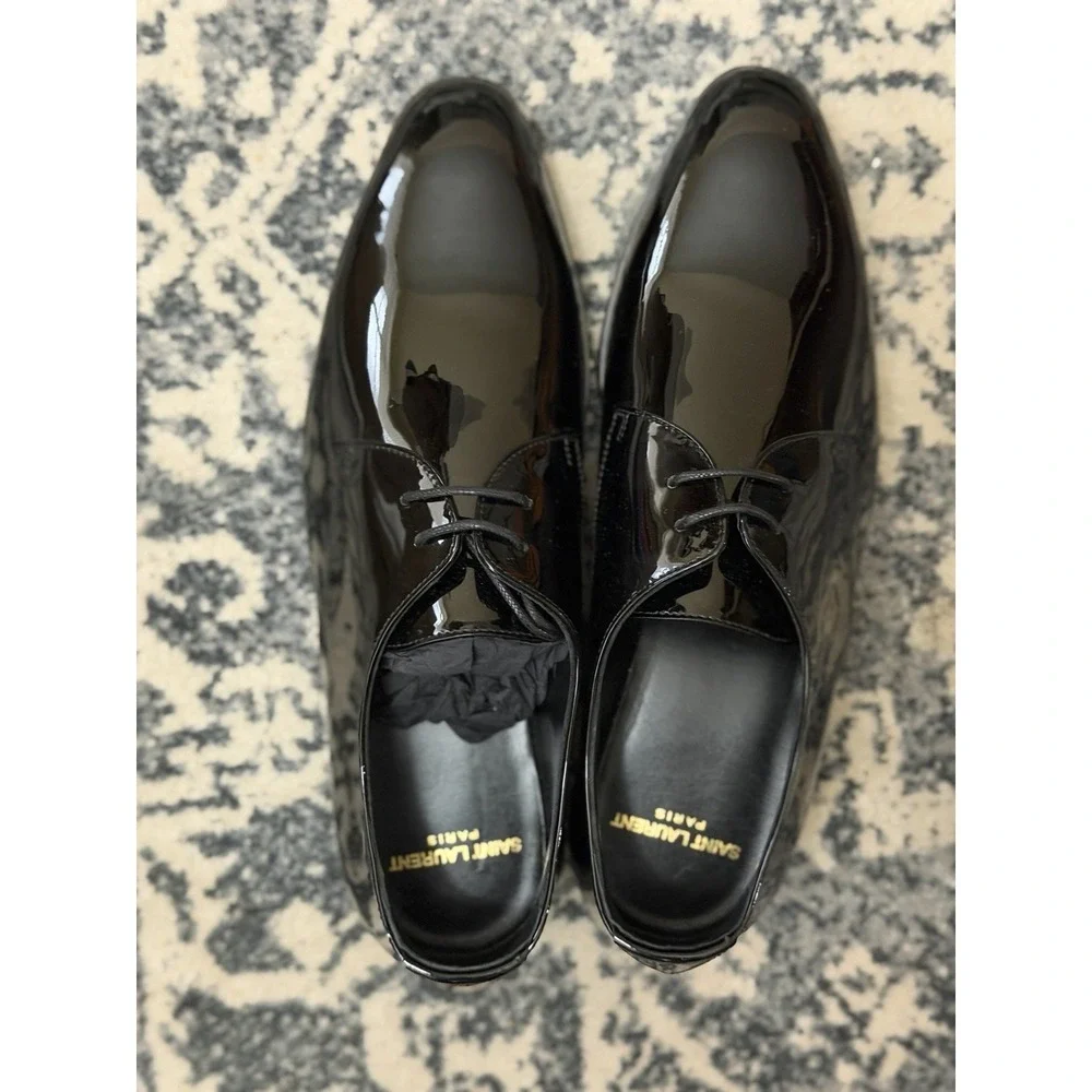 New SAINT LAURENT Paris Black Patent Leather DEVON 25 DERBY